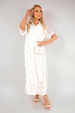 Collared Short Sleeve Sheer Maxi Shirt Dress with Textured Detail
