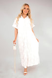 Collared Short Sleeve Sheer Maxi Shirt Dress with Textured Detail