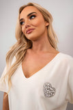 Short Sleeve V-Neck Oversized Rhinestone Heart Detail Top