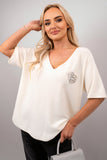 Short Sleeve V-Neck Oversized Rhinestone Heart Detail Top