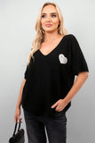 Short Sleeve V-Neck Oversized Rhinestone Heart Detail Top