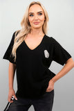 Short Sleeve V-Neck Oversized Rhinestone Heart Detail Top