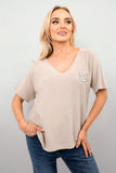 Short Sleeve V-Neck Oversized Rhinestone Heart Detail Top