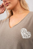 Short Sleeve V-Neck Oversized Rhinestone Heart Detail Top