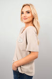 Short Sleeve V-Neck Oversized Rhinestone Heart Detail Top