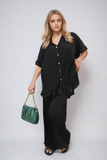 Button Pleated Frill Ruffle Top and Wide Leg Trouser Co-ord Set