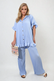 Button Pleated Frill Ruffle Top and Wide Leg Trouser Co-ord Set