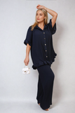 Button Pleated Frill Ruffle Top and Wide Leg Trouser Co-ord Set