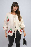 Tie Front Cherry Print Knitted Cardigan