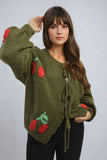 Tie Front Cherry Print Knitted Cardigan