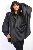 Oversized Silky Satin Long Sleeve Bow Tie Neck Top