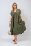 Short Sleeve Tiered V-Neck Midi Dress