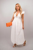 Ruffle Short Sleeve V-Neck Button Front Lace Detail Maxi Dress