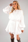 Satin Long Sleeve Ruffle Belted Mini Dress
