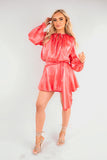 Satin Long Sleeve Ruffle Belted Mini Dress