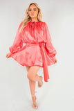 Satin Long Sleeve Ruffle Belted Mini Dress