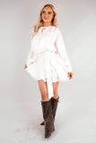 Satin Long Sleeve Ruffle Belted Mini Dress