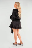 Satin Long Sleeve Ruffle Belted Mini Dress