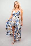 Floral V-Neck Sleeveless Romper Midi Dress