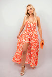Floral V-Neck Sleeveless Romper Midi Dress