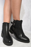 Round Toe Low Heel Ankle Buckle Boots