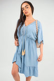 V-Neck Short Sleeve Midi Dress with Tassel Detail