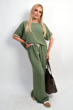 Drawstring Shiny Waist Wide Leg Trouser