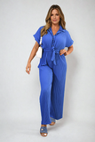 Tie Waist Short Sleeve Pleated Jumpsuit