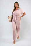 Tie Waist Short Sleeve Pleated Jumpsuit