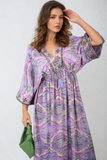 Printed Long V-Neck Ruffled Hem Maxi Dress with Front Tassel Detail