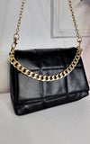 Faux Leather Padded Handbag with Chain Detail