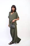 Button Detail V Neck Loose Top and Wide Leg Trouser Co-ord Set