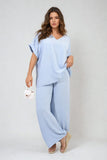 Button Detail V Neck Loose Top and Wide Leg Trouser Co-ord Set