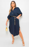 Button Down Pull Up Sleeve Midi Dress with Front Pocket