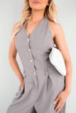 V-Neck Sleeveless Button Front Detail Jumpsuit
