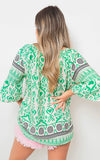 Boho Printed Tassel Tie Neck Long Sleeve Loose Tops