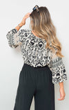 Boho Printed Tassel Tie Neck Long Sleeve Loose Tops