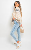 Boho Printed Tassel Tie Neck Long Sleeve Loose Tops