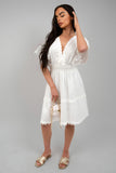 Short Sleeve Deep V-Neck Mini Dress with Open Back and Lace Trim