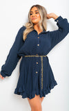 Long Sleeve Pleated Button Up Mini Dress