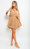 Long Sleeve Pleated Button Up Mini Dress