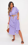 Button Down Collared Short Sleeve Midi Dress with Belt Detail