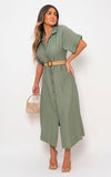 Button Down Collared Short Sleeve Midi Dress with Belt Detail