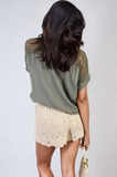 Lace Insert Round Neck Hollow Top