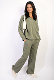 V-neck Long Sleeve Top and Wide Leg Pants Co-ord Set