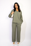 V-neck Long Sleeve Top and Wide Leg Pants Co-ord Set