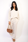 V-neck Long Sleeve Top and Wide Leg Pants Co-ord Set