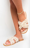 Pearl Decor Fringe Trim Flat Sandals