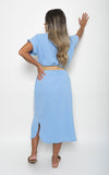 Rolled Short Sleeve V Neck Midi Dress with Belt Detail