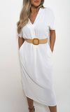 Rolled Short Sleeve V Neck Midi Dress with Belt Detail